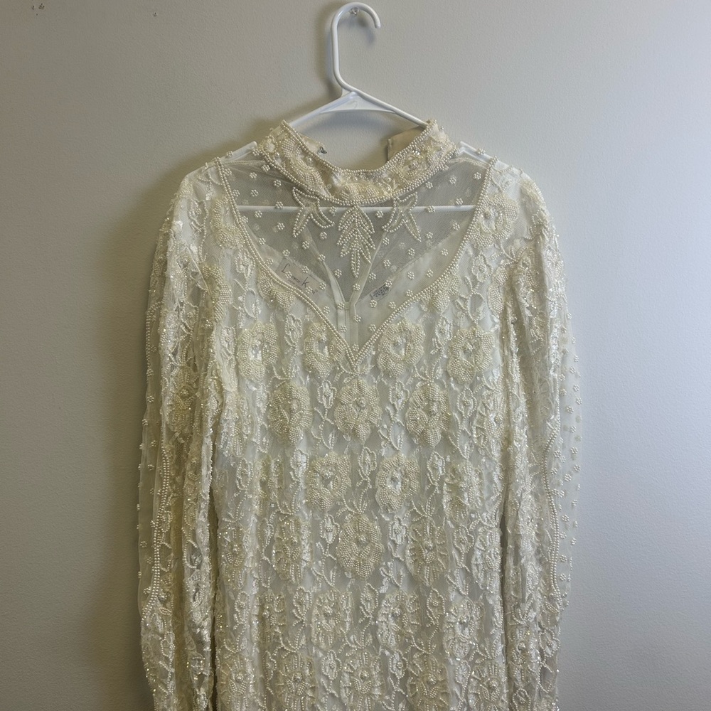 Vintage Laurence Kazar beaded Cream Lace Wedding Dress